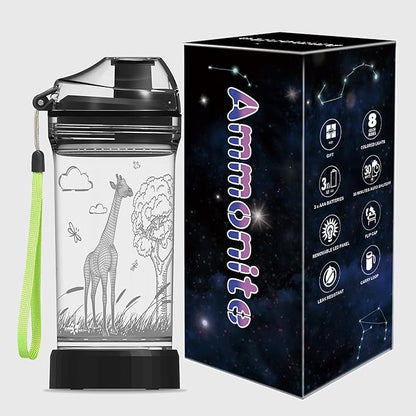 Ammonite Giraffe Kids Water Bottle with 3D Glowing LED Light - 14 OZ Tritan BPA Free - Creative Ideal Travel Cup Gift for School Kid Boy Child Holiday Camping Picnic