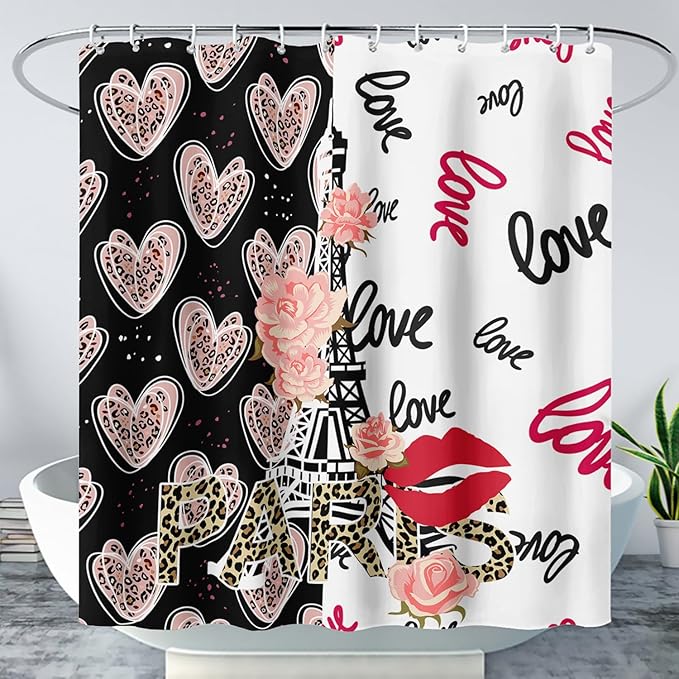 AILONEN Heart Love Shower Curtain for Bathroom, Black and White Eiffel Tower Print Bath Curtain,Pink Hearts Girls Women Shower Curtain Decoration Waterproof with 12 Plastic Hooks, 60" W*72" H