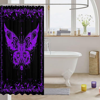 Feelyou Boho Purple Butterfly Fabric Shower Curtain Bohemian Moth Shower Curtain for Kids Boys Girls Moon Galaxy Bathroom Waterproof Accessories with 12 Hooks Black and Purple Curtains,72X72 Inches