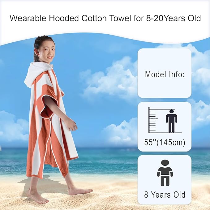 VOOVA & MOVAS Big Kids Hooded Towel Poncho | Large, Soft, Absorbent Cotton | 8-16Years | Versatile for Pool, Swim,Beach and Bathroom | Orange Cabana Stripe