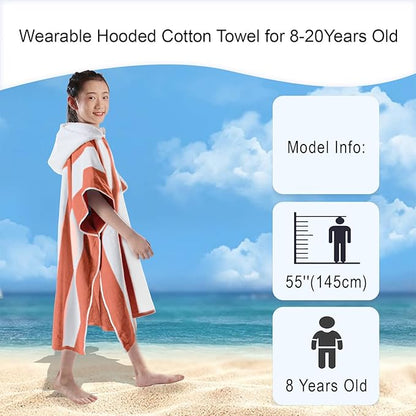 VOOVA & MOVAS Big Kids Hooded Towel Poncho | Large, Soft, Absorbent Cotton | 8-16Years | Versatile for Pool, Swim,Beach and Bathroom | Orange Cabana Stripe