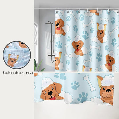 AILONEN Cute Dog Shower Curtain,Cute Bulldog Labrador Dog Print Shower Curtain, 60" W*72" H Waterproof Happy Shower Puppy Dog Lover Curtain with Grommets and 12 Hooks