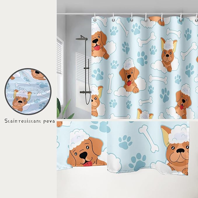 AILONEN Cute Dog Shower Curtain,Cute Bulldog Labrador Dog Print Shower Curtain, 36" W*72" H Waterproof Happy Shower Puppy Dog Lover Curtain with Grommets and 12 Hooks