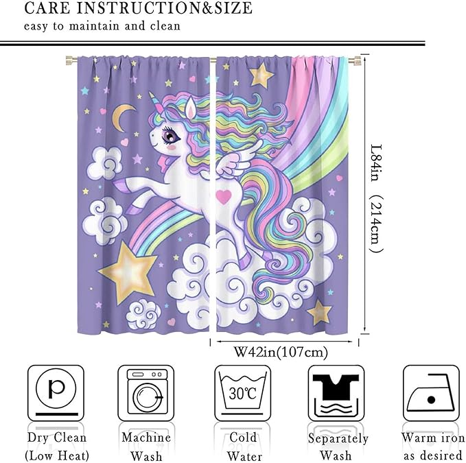 Kids Unicorn Curtains Purple Cartoon Rainbow Cartoon Room Blackout Curtains Boys Girls Baby Room Decor Curtains Living Room Decor 84x84 Inch 2 Panels