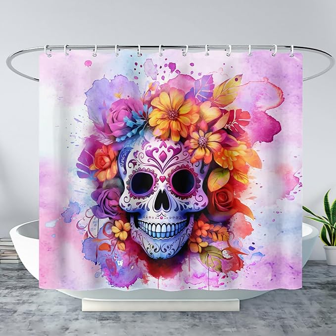AILONEN Sugar Skull Shower Curtain for Bathroom,Pink Purple Graffiti Flower Art Bathroom Curtain for Kids Girls Teen,Bath Curtain 48" W*72" H Polyester Waterproof Bathroom Curtain with 12 Hooks