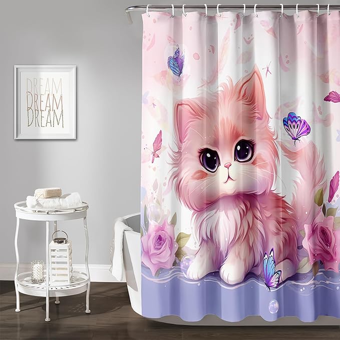 AILONEN Cute Cat Shower Curtain for Kids Boys,Kawaii Kitten and Butterfly Fabric Shower Curtains for Bathroom,Big Eye Pink Cat Polyester Cloth Bath Curtain Set, 72" W*96" H Pink
