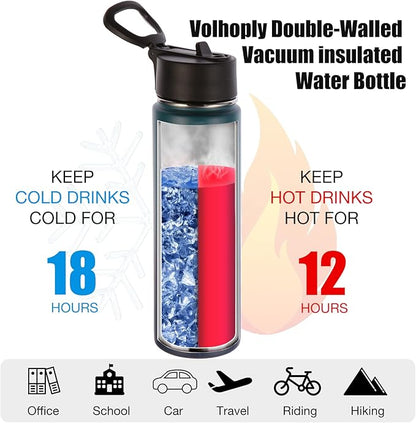 Volhoply 24oz Insulated Water Bottle With Straw Bulk 6 Pack,Metal Wide Mouth Water Bottles With Handle Keep Cold,Reusable Double Wall Thermos,Powder Coated Sport Bottle For Holder(Dark Night,6 Count)