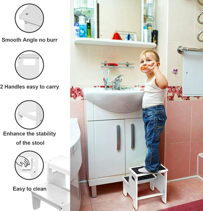 Kids Step Stools for Toddlers Bathroom Wood Toddler Step Stool Kitchen Counter Sink Baby Stepstools Bamboo Wooden Foot Bed Stool for Child Potty Training Toilet Stool Stepping Stool, White with Pads