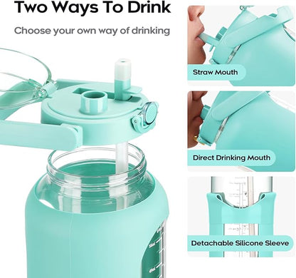 74 oz Glass Water Bolttles with Straw Large Motivational Water Bottle with Time Marker Sports Water Bottles with Silicone Sleeve and Handle Lid 2.2L Water Jug for Gym Workout