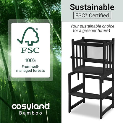 COSYLAND 3-in-1 Multifunctional Toddler Standing Tower, Kids Kitchen Step Stool with Whiteboard, Desk Table and Chair, Enjoys Unique Patented Design,FSC,CPC,SOR,CE, Black