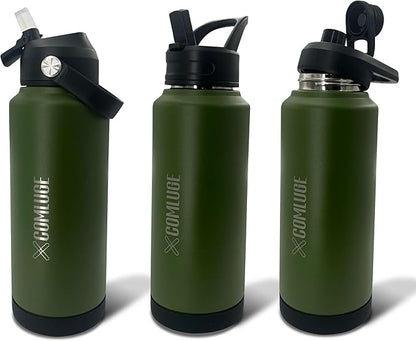 Green 32 oz insulated water bottle with straw stainless steel water bottle,double wall,leak proof water bottles with 3 lids,travel,gym mens water bottle (Navy Green, 32oz)
