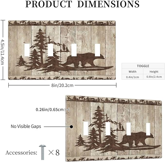 Rustic Wood Bear Forest Quad Toggle Light Switch Cover Decorative Vintage Antique Cabin 4 Gang Wall Plate Electrical Faceplate Switchplate for Farmhouse Bathroom Bedroom Living Room Decor