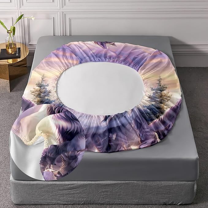 AILONEN Wolf Fitted Sheet Set Full Snow Wolf Bed Sheet Set, Wolfmother and Wolf Pups Theme Bedding Set 3 Pieces Wildlife Wolf Sheet Set for Boys Girls,1 Fitted Sheet with 2 Pillowcases