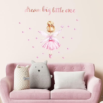 Pink Little Ballerina Decor for Girls Room Dream Big Little One Baby Nursery Wall Decals Peel and Stick Barbie Princess Wall Stickers & Murals for Girls Bedroom Living Room Classroom Playroom