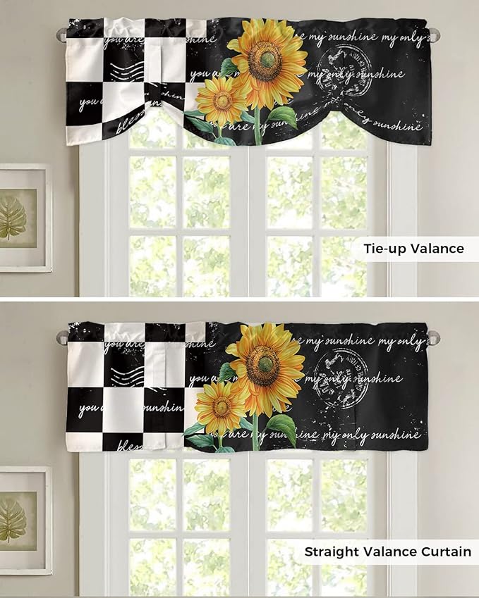 Buffalo Plaid Blackout Tie Up Valance Curtains for Kitchen Windows Farmhouse Sunflower Window Toppers Balloon Shades for Living Room/Bathroom/Bedroom,1 Panel,42" X 12" Autumal Wild Flower