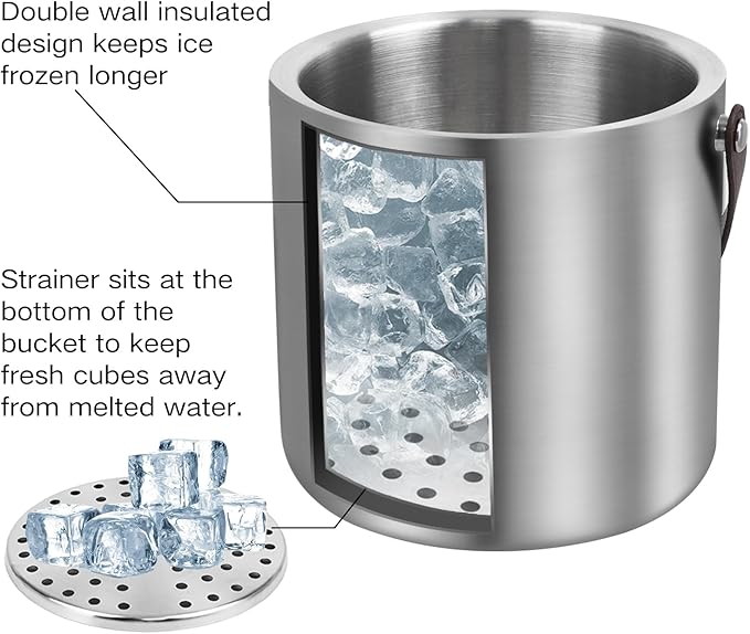 3L Large Ice Bucket with Lid, Ice Tong, Strainer & Leather Handle Keep Ice Frozen Longer Large Wine Ice Buckets for Parties,Cocktail Bar, Chilling Beer Champagne, Dark Brown Handle 3L