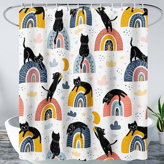 AILONEN Cat Shower Curtain, Rainbow Cat Bath Curtain,Cute Black Cat Bathroom Curtain Decor,Cat Lover Polyester Waterproof 72" W*84" H Shower Curtain (12 Hooks)