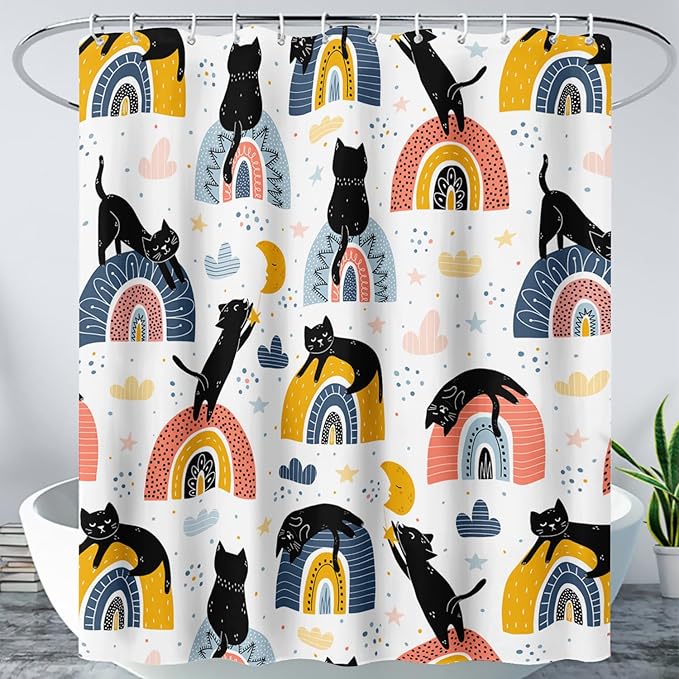 AILONEN Cat Shower Curtain, Rainbow Cat Bath Curtain,Cute Black Cat Bathroom Curtain Decor,Cat Lover Polyester Waterproof 72" W*96" H Shower Curtain (12 Hooks)