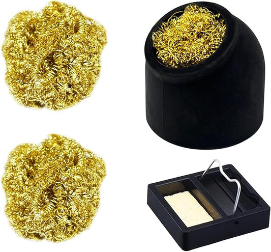 Kaisiking Soldering Iron Tip Cleaner 3Pcs Soft Coiled Brass Tip Cleaner with Silicone Holder Non-slip Solder Tip Cleaners, No Water Needed, Black