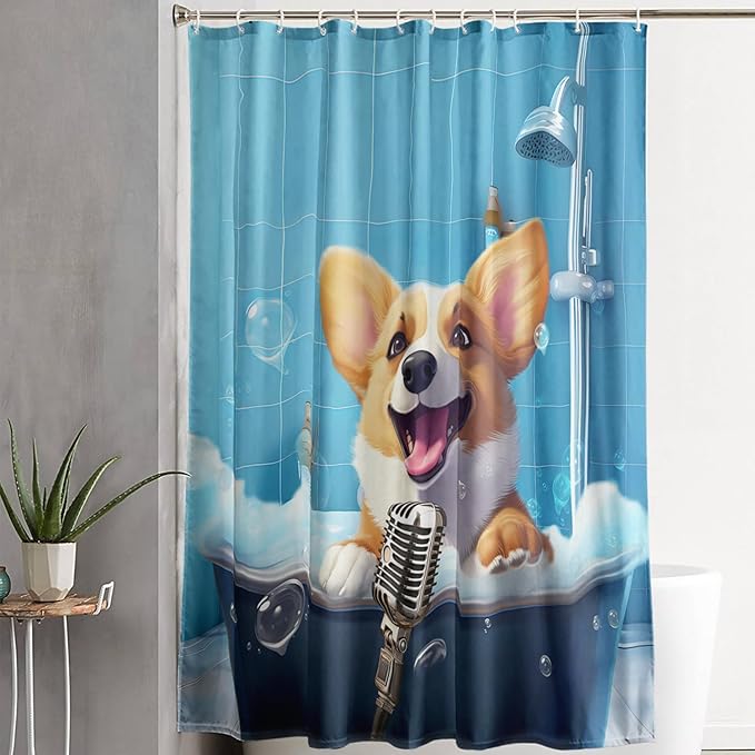 AILONEN Cute Shower Dog Shower Curtain for Kids Boys,Funny Singing Puppy Waterproof Fabric Shower Curtain for Bathroom,Lovely Hilarious Pet Shower Curtain Set with Hooks,72" W*72" H
