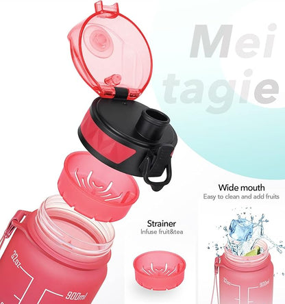 32oz/26oz Motivational Water Bottle with Time Marker & Fruit Strainer, Leak-proof BPA Free Non-Toxic 1l Bottle with Carrying Strap, Perfect for Fitness, Gym and Outdoor Sports,Plastic