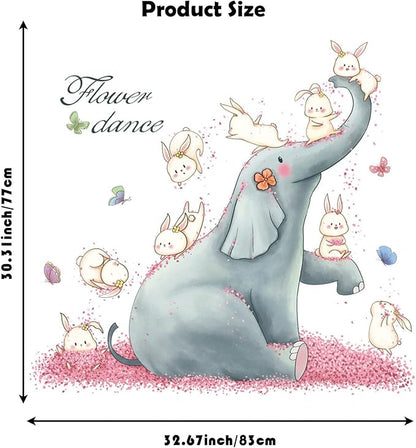 Cartoon Animals Wall Stickers Pink Elephant Rabbit Wall Decals Peel and Stick Wall Art Decals for Kids Bedroom Baby Nursery Door Decor