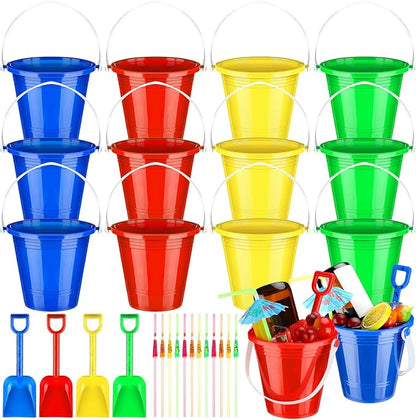 Meekoo 12 Pcs Plastic Rum Buckets for Drinks with 40 Colorful Straws Portable Cocktail Buckets Ice Cream Buckets with Handles Reusable Smoothie Bucket for Summer Bar Kitchen Multifunctional Punch Bowl