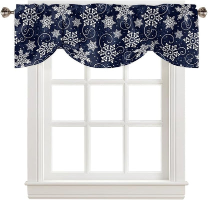 Christmas Blackout Tie Up Valance Curtains for Kitchen Windows White Navy Snowflakes Pattern Window Toppers Balloon Shades for Living Room/Bathroom/Bedroom,1 Panel, 42" X 18", Winter
