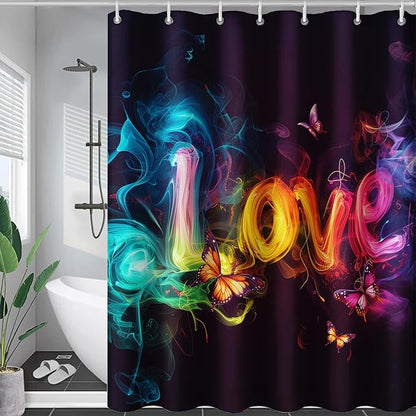 AILONEN Love Theme Shower Curtain for Bathroom,Romantic Smoky Butterfly Bath Curtain,Gradient Love Shabby Chic Print Black Shower Curtain with 12 Plastic Hooks,Waterproof 72" W*78" H
