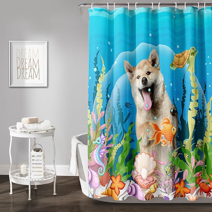 AILONEN Cute Dog Shower Curtain for Boys Girls, Pet Puppy Dog Lover Shower Curtain, 72" W*78" H Waterproof Animal Turtle Fish Ocean Themed Shower Curtain Decor Bathroom with Grommets and Hooks