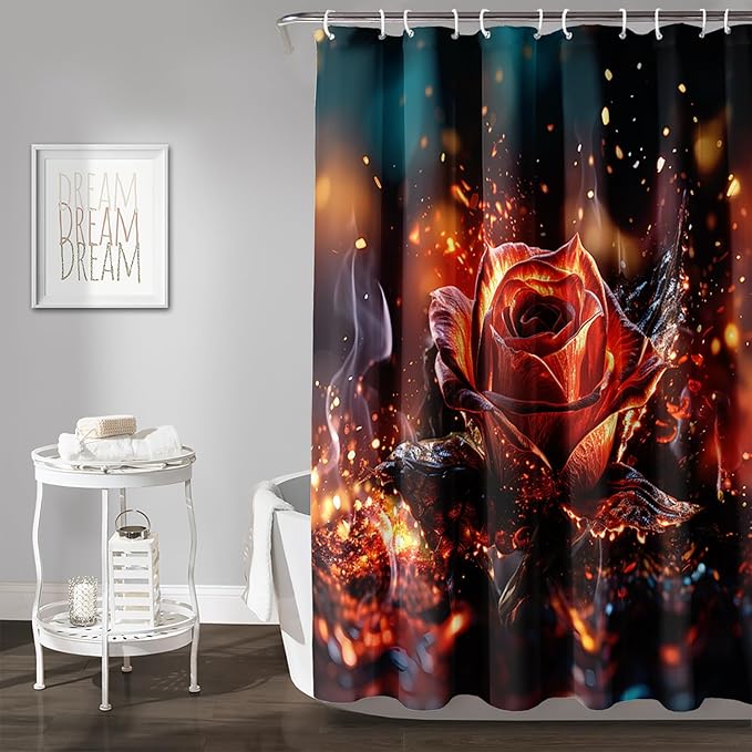 AILONEN 3D Rose Shower Curtain for Bathroom, Romantic Flame Smoky Rose Flower Bath Curtain,Burning Rose Shower Curtain Decoration Waterproof with 12 Plastic Hooks, 36" W*72" H