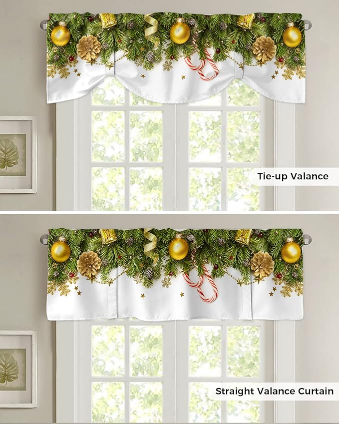 Christmas Blackout Tie Up Valance Curtains for Kitchen Windows Pine Cones Window Toppers Balloon Shades for Living Room/Bathroom/Bedroom,1 Panel,42" X 12" Golden Ornament Balls