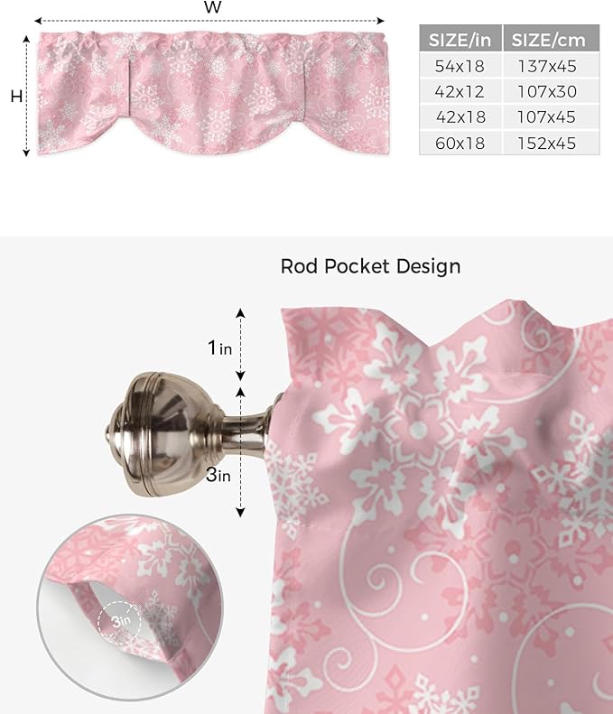 Christmas Blackout Tie Up Valance Curtains for Kitchen Windows Pink White Snowflakes Pattern Window Toppers Balloon Shades for Living Room/Bathroom/Bedroom,1 Panel, 60" X 18", Winter