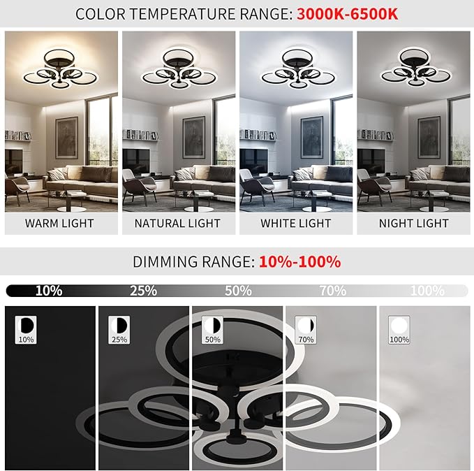 Modern LED Ceiling Light,Dimmable 6 Rings Flush Mount Ceiling Light Fixtures,3000K-6500K 81W Ring Ceiling Lamp with Remote for Bedroom,Dining Room,Living Room,Black