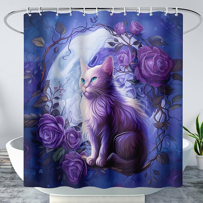 AILONEN 3D Cute Cat Shower Curtain Set, Purple Oil Rose Waterproof Fabric Shower Curtain for Kids Boys Girls,Cat Lovers Animal Design Shower Curtain for Bathroom with Hooks,72" W*72" H