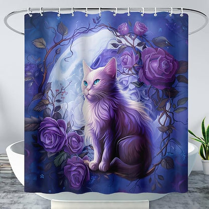 AILONEN 3D Cute Cat Shower Curtain Set, Purple Oil Rose Waterproof Fabric Shower Curtain for Kids Boys Girls,Cat Lovers Animal Design Shower Curtain for Bathroom with Hooks,72" W*72" H