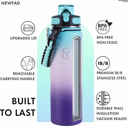 32 oz Insulated Water Bottle With Detachable Straw & Paracord Handle, Stainless Steel Thermos Water Bottle with Leakproof Lockable Lid, BPA-Free Sports Bottle (Green Pink Purple Gradient)