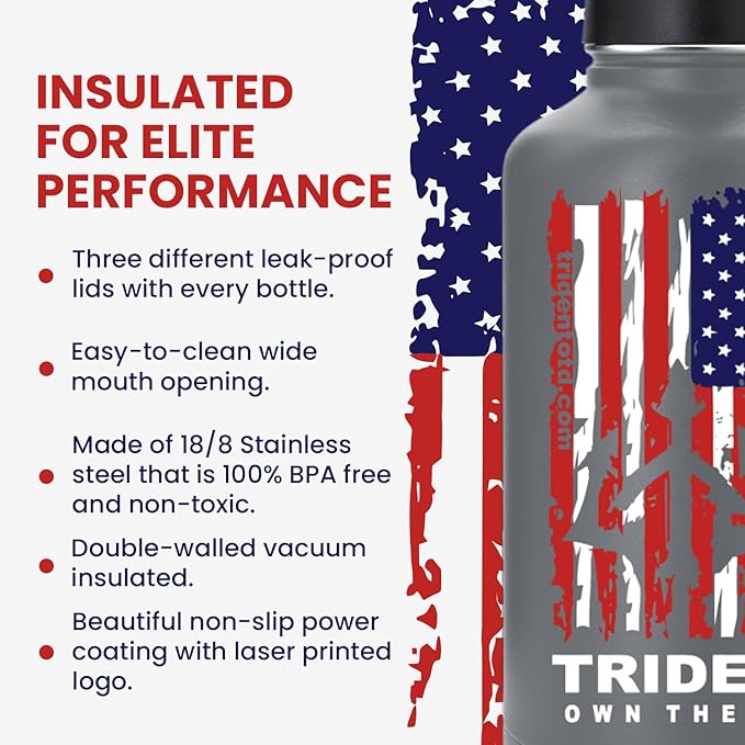 American Flag 64 oz Water Bottle, Reusable Water Bottle with Straw, Leak Proof Water Bottles, 64oz Insulated Water Bottle, Thermos Water Bottle - Retired Navy Combat Vet Small Business (Gray, 64 Oz)