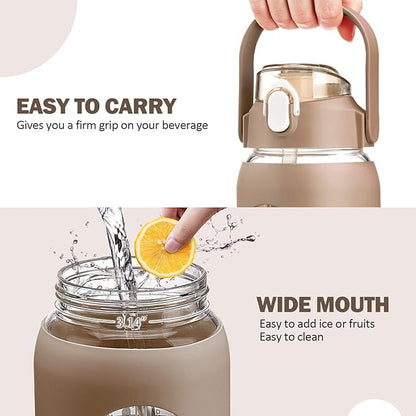 kytffu 56oz Glass Water Bottles with Straw, Motivational Glass Bottle with Silicone Sleeve and Time Marker, Leakproof Large Glass Water Jug for Gym Home Office,Amber