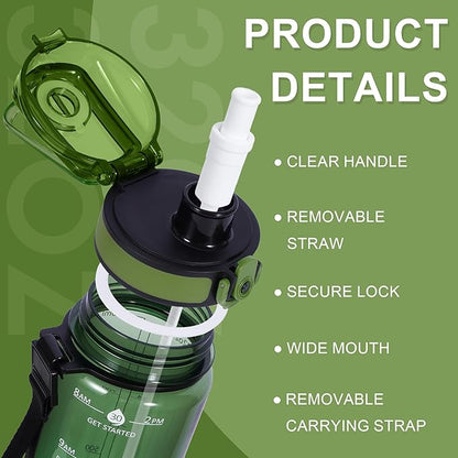 32 oz Water Bottle with Detachable Straw, Clear Motivational Water Bottles with Time to Drink, Tritan & BPA Free Sports Water Jug with Time Marker, Upgraded handle design