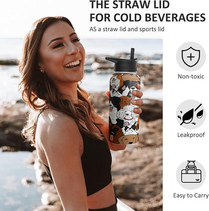32 oz Dog Water Bottle Insulated Vacuum Stainless Steel Sports Water Bottle with 2 Lids (Straw and Spout Lid) for Gym Camping Hiking
