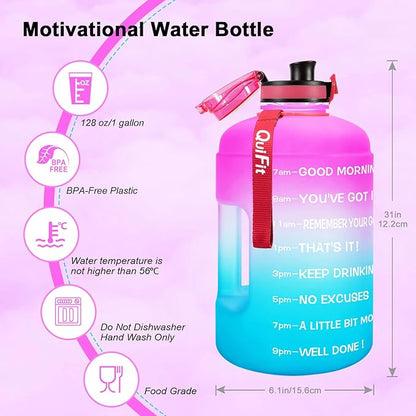 QuiFit 1 Gallon Water Bottle - 128 oz Water Bottle with Times to Drink - BPA Free Motivational Water Bottle with Infuser - Large Water Bottle - Sports Water Bottle 1 Gallon in Gym(Pink/Blue, 1 Gallon)
