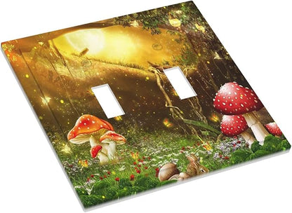Red Mushroom Forest Fairy Moon Butterfly Double Toggle Bohemian Light Switch Covers Decorative 2 Gang Wall Plate Dual Electrical Faceplate Switchplate for Kidroom Nursery Decor