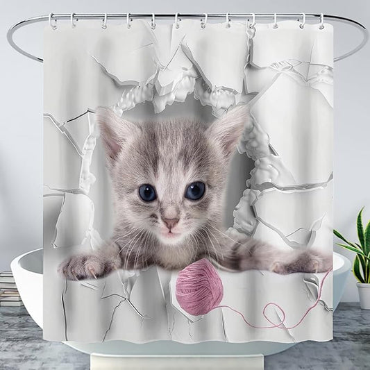 AILONEN 3D Kawaii Cat Shower Curtain, Beautiful Fuzzy Ball Kitten Shower Curtain for Kids Girls Boys Bathroom Decor,Cute Pet Animal Cat Lover Waterproof Shower Curtains Sets with Hooks,36" W*72" H