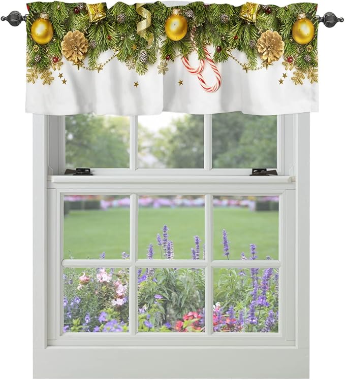 Christmas Kitchen Curtains Valances for Windows Pine Cones Rod Pocket Window Treatment for Kitchen/Living Room/Bedroom/Bathroom,60" X 18" -1 Panel, Golden Ornament Balls