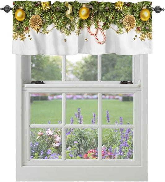 Christmas Kitchen Curtains Valances for Windows Pine Cones Rod Pocket Window Treatment for Kitchen/Living Room/Bedroom/Bathroom,42" X 12" -1 Panel, Golden Ornament Balls