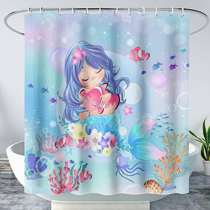 AILONEN Beautiful Mermaid Shower Curtain,Cute Mermaid Bath Curtain for Girls Teens,Ocean Curtain,Cartoon Fish Print Blue Waterproof Curtain for Bathroom Decor, 36" W x 72" H