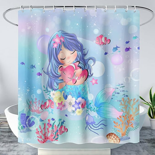 AILONEN Beautiful Mermaid Shower Curtain,Cute Mermaid Bath Curtain for Girls Teens,Ocean Curtain,Cartoon Fish Print Blue Waterproof Curtain for Bathroom Decor, 36" W x 72" H