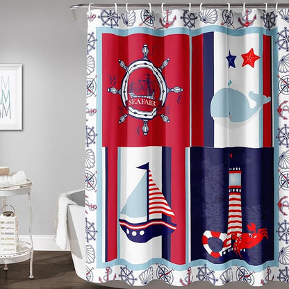 AILONEN Ocean Voyage Shower Curtain 72" W*72" H Coast Whale Lighthouse Rudder Ocean Animal Theme Bathroom Curtain,Teen Men Boys Curtain Polyester Waterproof Seafarer Bathroom Curtain with 12 Hooks