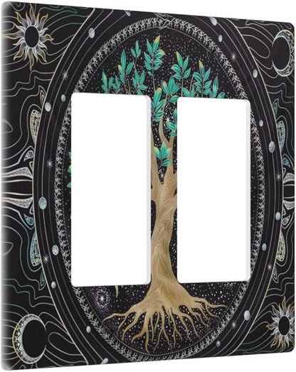 Tree of Life Blackground 2 Gang Rocker Decora Light Switch Cover Decorative Hippie Sun Moon Star Outlet Covers Wall Plate Electrical Faceplate Switchcovers GFCI for Bathroom Bedroom Livingroom Decor